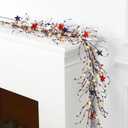 4th of July Independence Day Garland 4.5ft Long with Red White and Blue Berry Metal Pentagram Embellished Branches Patriotic Ornament Memorial Day Flag for Door Decor with 30 Fairy Lights (Star)