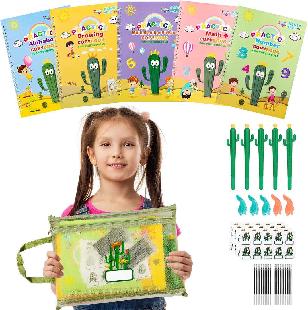 Complete Handwriting Practice for Kids, Grooved Writing Book Magic Copybook, Reusable Writing Practice Calligraphy Workbook, Kindergarten Preschool Learning Activities(Set of 5 books) (5 Count (Pack of 1))