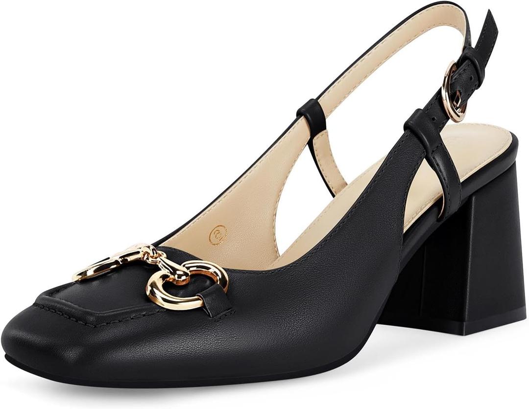 Coutgo Women's Slingback Chunky Block Heels Pumps Square Toe Metal Buckle Party Dress Work Shoes, Black, Size 8