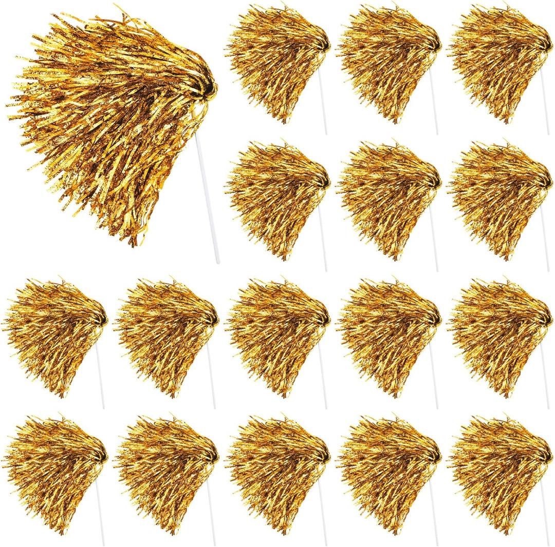 Vinsot 20 Pcs Gold Cheerleading Pom Poms Bulk Metallic Foil Pom Poms with Plastic Long Handles School Spirit Shakers for Spirit Sports Team Squad Dance Football Basketball Club Celebration