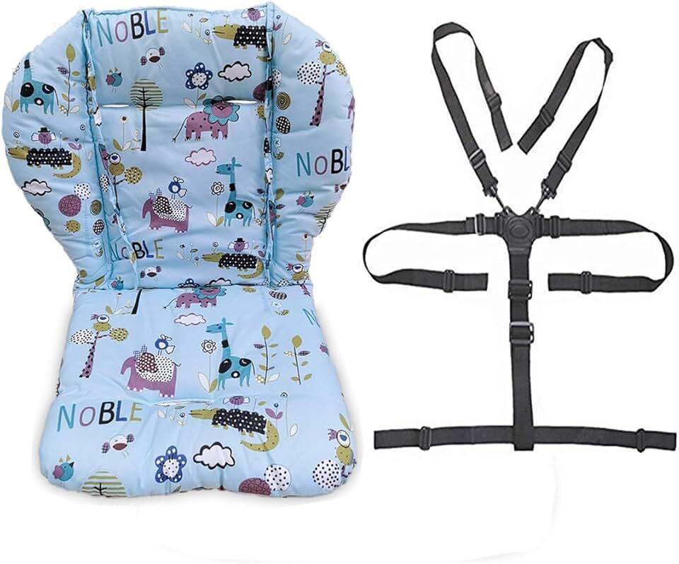 twoworld Baby High Chair Seat Cushion Liner Mat Pad Cover Resistant and High Chair Straps (5 Point Harness) 1 Suit (Blue Animal)