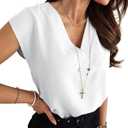 Lynwitkui Women's V Neck Chiffon Blouses Cap Sleeve Shirts Casual Loose Work Office Solid Tops (White, L)