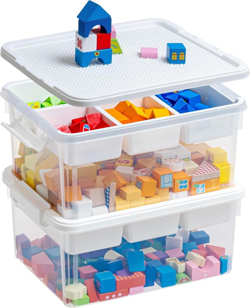 Citylife 17 QT Storage Box with Building Baseplate Lid and Removable Tray Office Organization Kitchen Organization Toy Storage Bead, Tool, Sewing, 2 Packs (Clear white)