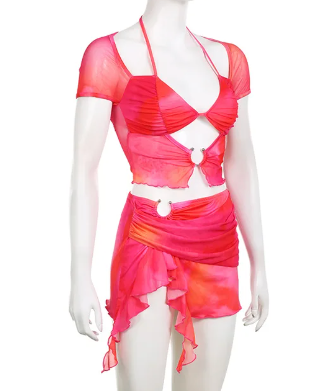 Unknown Women's 3 Piece Tie Dye Halter Triangle Tie Back Bikini Set with Ruched Drawstring Cover Up S