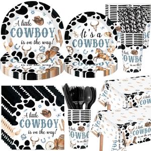 Funnymoom 452 Pcs Cowboy Baby Shower Party Decorations Include a Little Cowboy Is on the Way Paper Plates Napkins Cups Tablecloth Cutlery Straws for girl Girl Baby Shower Party Supplies