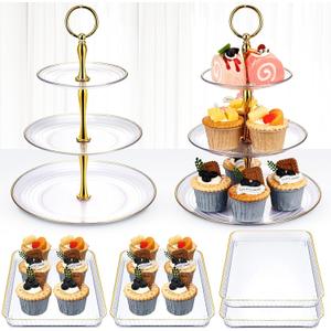 6 Pcs Clear Cupcake Display Stand Set 3 Tier Dessert Display Serving Tower Tray with Gold Rim Rectangle Serving Trays Cake Stands for Thanksgiving Christmas Wedding Birthday Tea Party 6 Pcs Clear Cupcake Display Stand Set 3 Tier Dessert Display Serving Tower Tray with Gold Rim Rectangle Serving Trays Cake Stands for Thanksgiving Christmas Wedding Birthday Tea Party