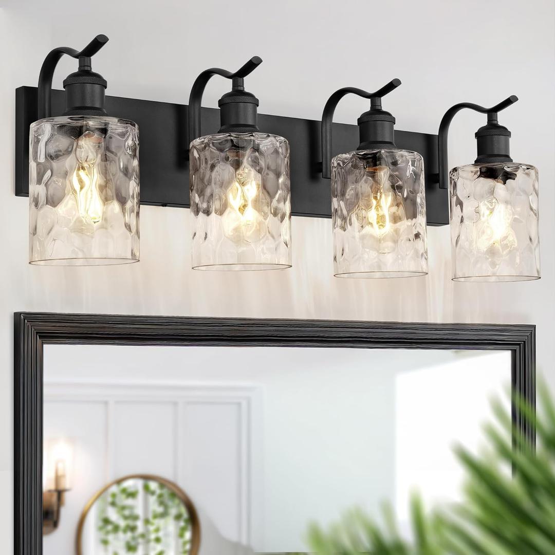 Bathroom Vanity Light Fixtures 3-Light Hammered Glass Modern Wall Mounted Over Mirror Black - VL01BKH-3