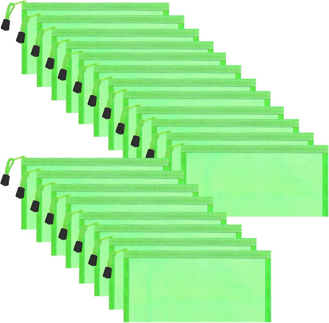 20 Pack Multicolored Zipper Mesh Pouch, Zipper Pencil Pouches Pen Bags, Multipurpose Travel Bags for Cosmetic School Office Supplies and Travel Accessories, 10 Colors (Green)