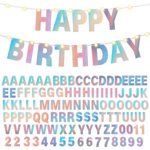 TaoBary 112 Pcs DIY Letter Custom Banner Glitter Customizable Banner Kit Including 107 Letters and Numbers 3 Rope for Valentines Day Birthday Party(Holographic)