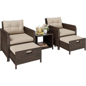 5 Piece Patio Furniture Set, PE Wicker Outdoor Furniture Set with Soft Cushions & Coffee Table, Outdoor Lounge Chairs with Ottoman for Porch, Lawn, Balcony, Khaki-Beige