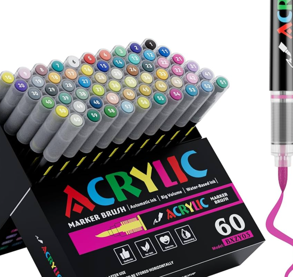 60 Colors Acrylic Marker With Brush Tip Automatic Ink Control, Water Based Ink Paint Markers For Rock Painting, Canvas, Wood, Ceramic, Glass, Stone, Fabric, DIY Crafts Textile & Art Supplies