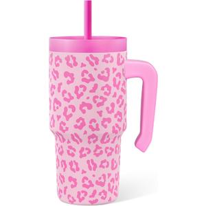 Leopard Print Kid 20oz Tumbler with Handle and Silicone Straw Lid, Insulated Stainless Steel Cup, Gift for Kids Girls, Gifts Idea for Birthday Christmas Back to School