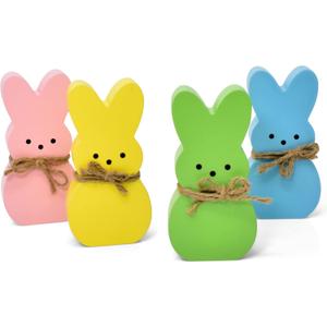 Gift Boutique 4 Easter Bunny Peeps Table Decorations Centerpieces Wooden Spring Shaped Peep Bunnies Rabbit Tiered Tray & Table Top Sign Decor for Mantle Home Wood Rustic Farmhouse Party Supplies
