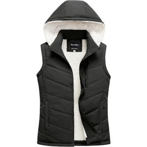 Pursky Women's Winter Vest Sherpa Fleece Lined Puffer Vest Warm Lightweight Sleeveless Jackets With Removable Hood (X-Large, Black)