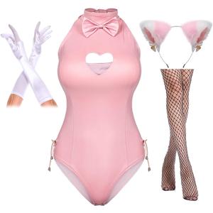 Yuriko Womens Bunny Costume Girl Suit Button Crotch Romper Onesie Bodysuit Cosplay Costume Furry Cat Ear Gloves Socks set(Pink XL)