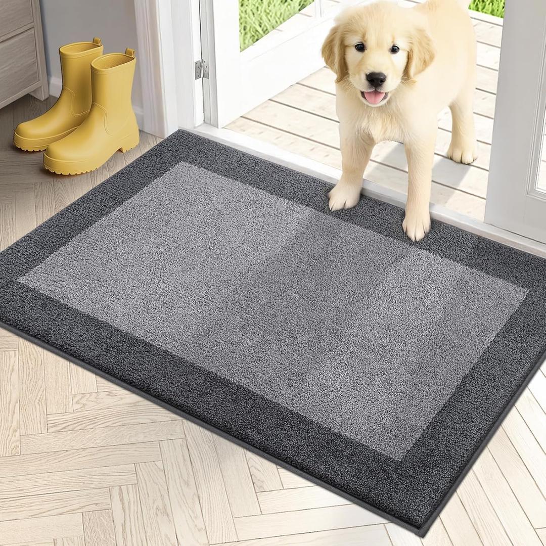 PURRUGS Dirt Trapping Door Mat 24" x 36", Non-Slip Washable Entry Mat, Dog Doormat, Front Door Mat, Super Absorbent Entrance Mat for Muddy Shoes & Paws, Light Grey & Grey