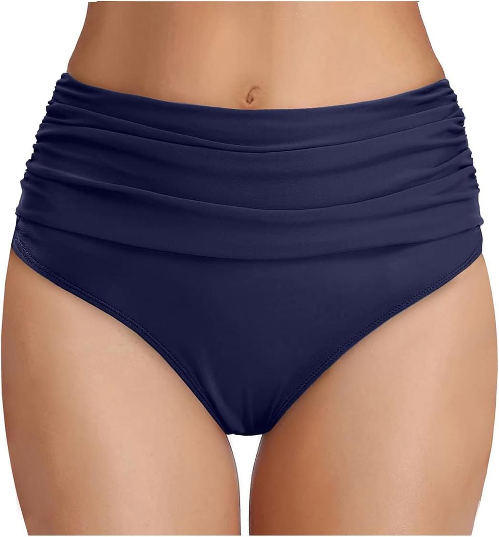 Tempt Me Women's High Waisted Bikini Bottom Tummy Control Ruched Bathing Suit Swim Bottom (Large, Navy Blue)