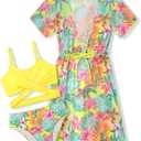 Girls Swimsuit 3 Piece Tropical Print Bikini Set Criss Cross Bathing Suit with Drawstring Quick Dry Cover Up 7-16Y (15-16 Years)
