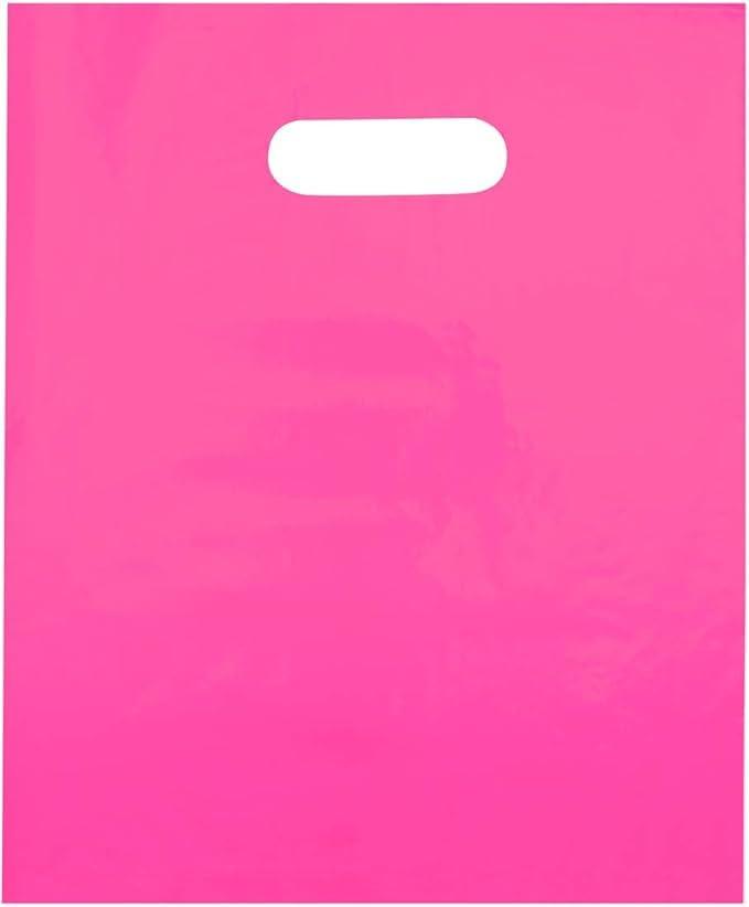 Plastic Shopping Bag with Die Cut Handle Bag 12" x 15" Pink Plastic Merchandise Bags with Handle 100 Pack for Retail, Heavy Duty Bulk Bags