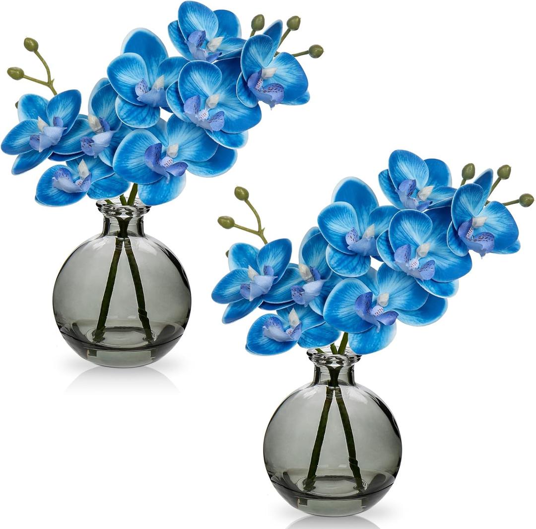 Blue Orchids Artificial Flowers Faux Orchid Arrangement with Black Glass Vase Set of 2 Real Touch Phalaenopsis Orchid Flowers Orchids Centerpiece for Dining Room Table