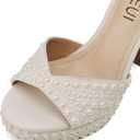 TEAIEUI Pearl Platform Heels for Women, Peep Open Toe Block Heeled Sandals (White)