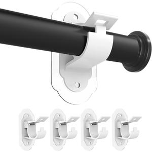 KEAMIMU No Drill Curtain Rod Brackets， No Drill Needed Curtain Rod Holders, Adhesive Curtain Rod Holder，Multipurpose Nail Free Stick on Curtain Rod Hooks Self Adhesive Rod Holder Hooks（White 4Pcs）
