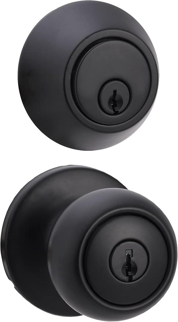 Amazon Basics Exterior Door Knob with Key Lock and Deadbolt, Keyed Alike, Coastal, Matte Black