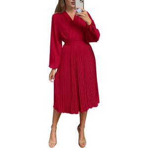 PRETTYGARDEN Women's Spring Midi Dress Long Puff Sleeve Wrap V Neck Flowy Ruffle Pleated Casual Fall Dresses (Large, Red)