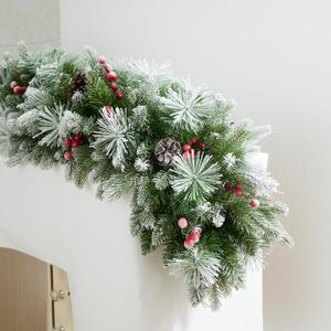9ft Artificial Christmas Snow Garland with 50 Clear Lights, Pulg in, Pine Cone, Red Berry Battery Powered String Light for Outdoor Indoor, Home Decoration Mantle Stairs Railing Fireplace Door