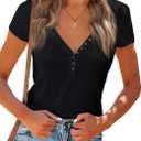 PRETTYGARDEN Women's Summer Casual Henley T-Shirts Short Sleeve V Neck Button Up Ribbed Knit Slim Fit Basic Tops (Black, S)