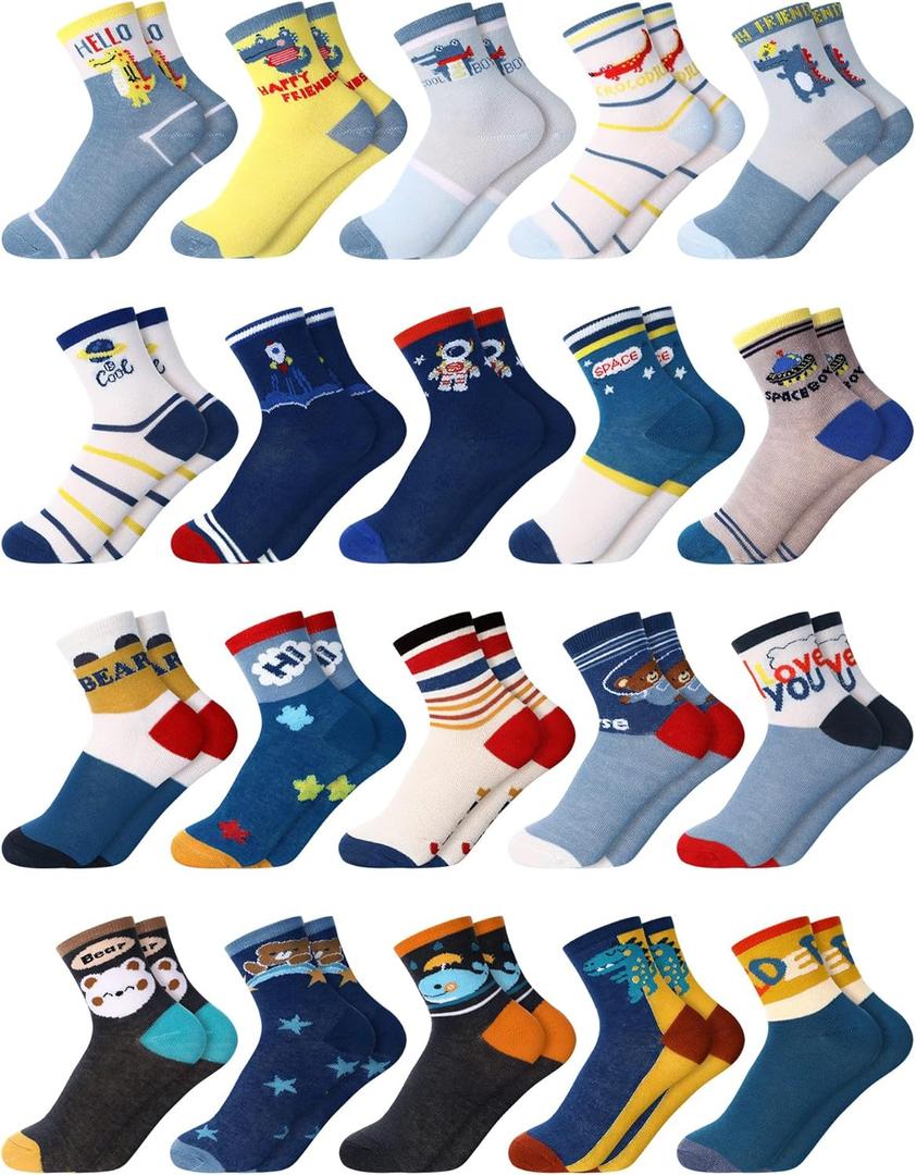 20 Pair Cartoon Socks for Boys Toddler Car Dinosaur Patterned Sport Round Neck Boys Dress Socks (9-13 Years, Cute)