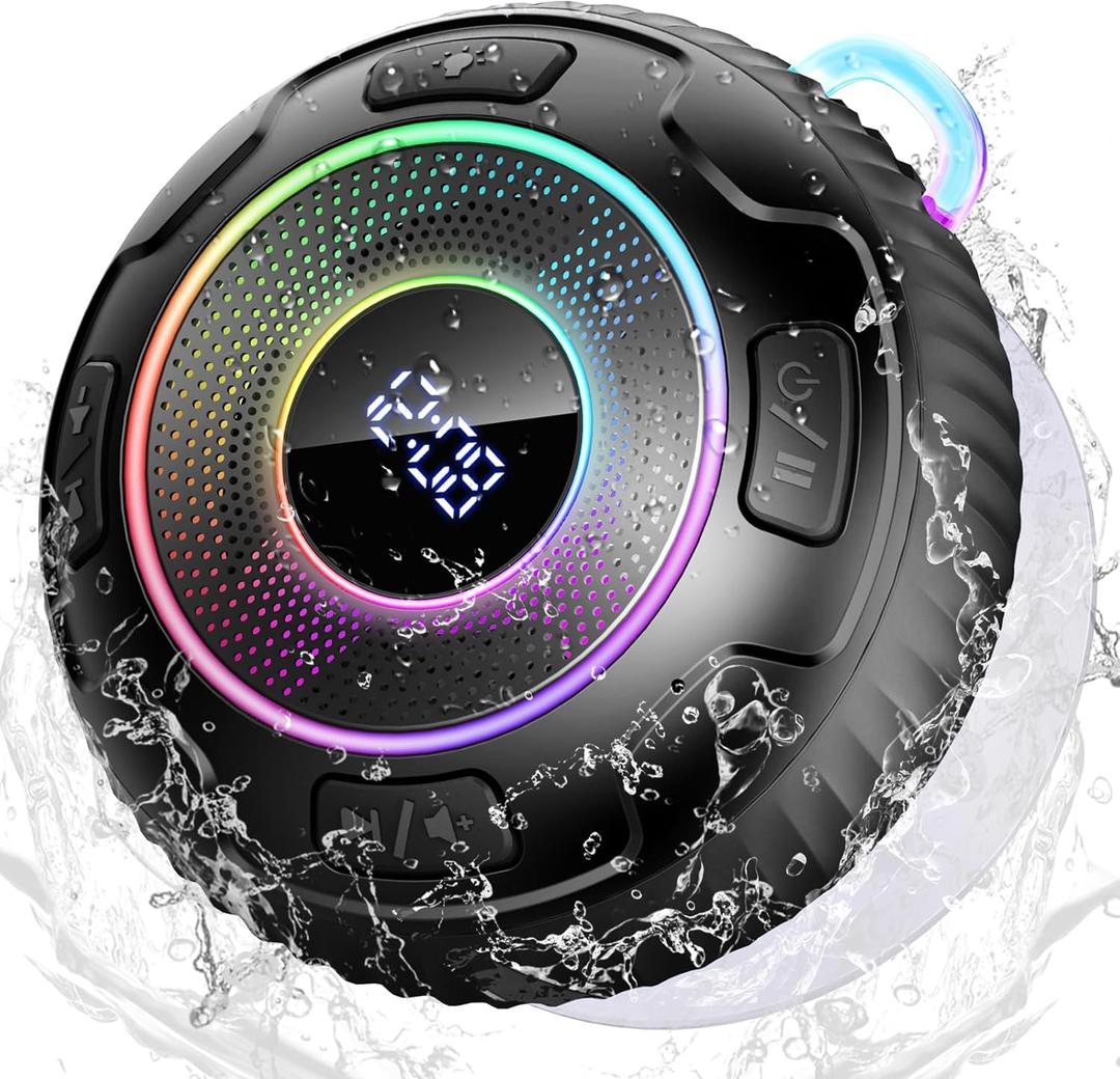 Bluetooth Shower Speaker, Portable Bluetooth Speaker with 360 HD Sound, RGB Lights, 10H Playtime, IPX7 Waterproof Wireless Speaker with Suction Cup and Mic, Shower Radio for Outdoor/Travel/Gifts/gym