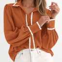 PRETTYGARDEN Womens Long Sleeve Button Down Shirts 2026 Trendy V Neck Loose Fit Fall Tops Collared Dressy Casual Blouses (M)