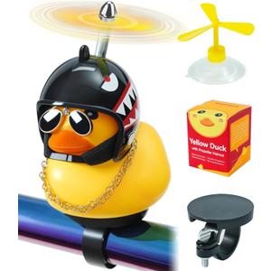Rubber Duck Bike Decorations [New Stable Clamp Mount] Cute Squeak Duck Bike Bell [Two Helmet Propeller] Funny Bike Accessories E Scooter Motorcycle Cycling Gifts (Black Shark)