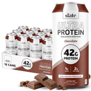 Slate Milk - Ultra Protein Shake - Chocolate - 42g Protein, 1g Sugar, 190 Calories, 2g Net Carbs - Lactose Free, No Added Sugar - Made with Ultra Filtered Milk - Breakfast Boost, Post Workout - 15 fl oz, 12 Cans, Best By 28 JAN 2027