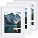 11x14 Picture Frames set of 3, Made of Glass and White Wooden Photo frame - Displays 8x10 Picture with Mat or 11 x 14 Poster without Mat, Wall Collage Frame set