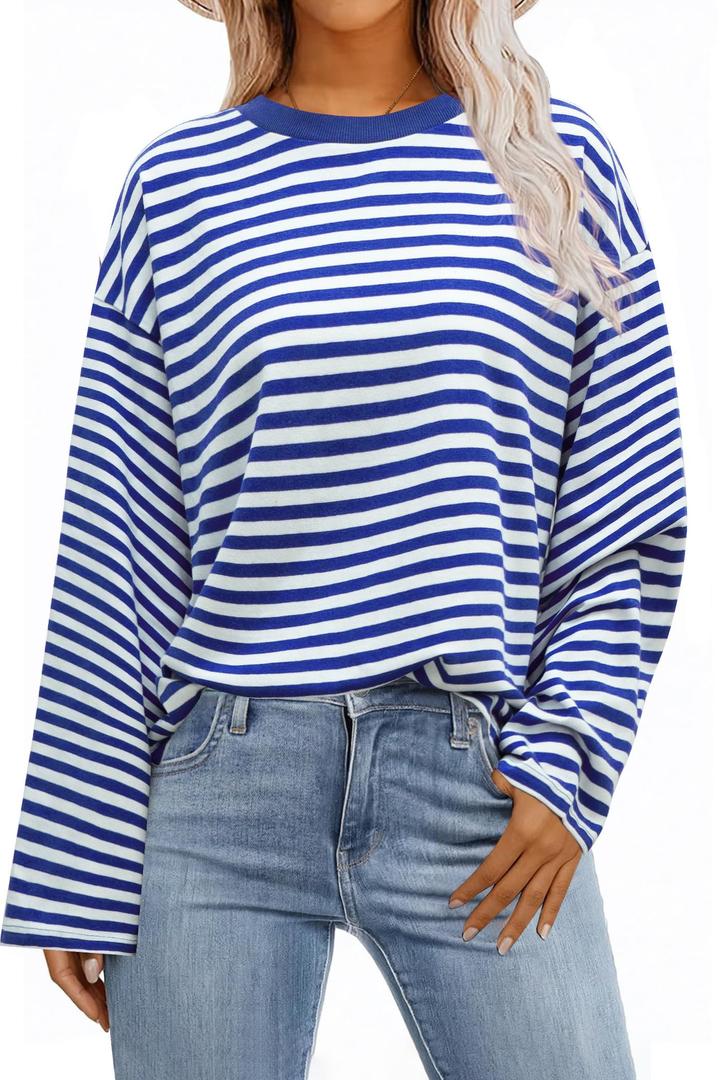ZTMZA Womens Oversized Striped Long Sleeve Shirt Crewneck Sweatshirt Color Block Loose Pullover Top Teen Girl Y2K Clothes Blue Stripe Medium (Blue, M)