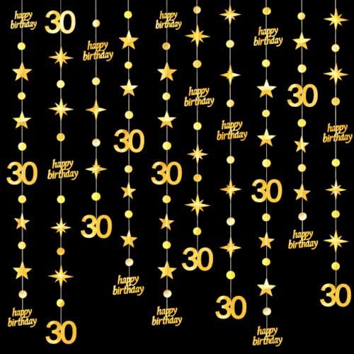 GCQQ Gold 30th Birthday Decoration -4 Packs Gold Happy Birthday Circle Dot Star Garland 46FT Metallic Hanging Streamer Banner Decorations for Her 30 Dirty Thirty BirthdayTheme Party Decor, Pre-Strung