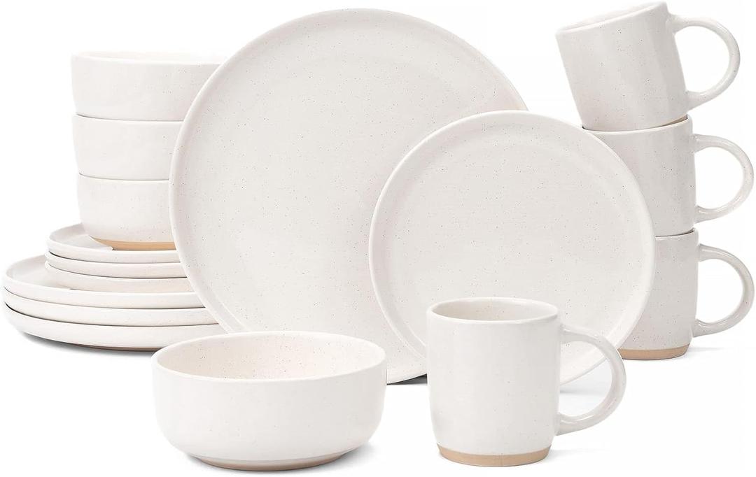 OTAGO 16-Piece Stoneware Dinnerware Set for 4 with Mugs, Plates and Bowls Sets with Partially Unglazed Base, Scratch Resistant Ceramic Dish Set, Microwave & Dishwasher Safe for Kitchen,White