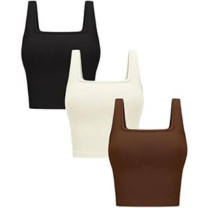 OLCHEE Womens 3 Pack Crop Tank Tops Basic Seamless Ribbed Sleeveless Square Neck Workout Top Summer Exercise Yoga Gym Shirts, XL