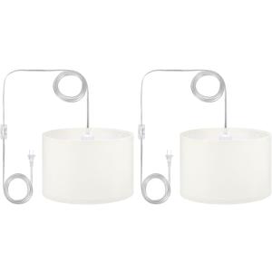 PATIKIL Plug in Pendant Light, 2 Pack 15Ft Rope Cord Hanging Lamp Fixture with ON/Off Switch, Linen Fabric Shade E26/E27 Bulb Socket for Bedroom Kitchen Living Room, Beige White