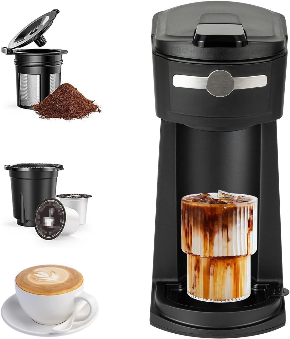 Single Serve Coffee Maker for K Cup & Ground Coffee,Fast Brew,6-14 Oz Brew Sizes, Hot & Iced Coffee, Auto Shut Off, Reusable Filter, Mini Coffee Maker for Dorm, Office & Home, Black (420ml)