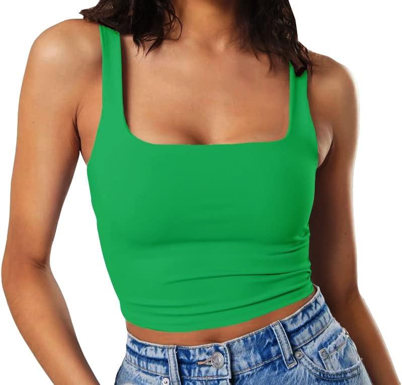 Artfish Women's Sleeveless Strappy Tank Square Neck Double Layer Workout Fitness Casual Basic Crop Tops (Medium, Kelly Green)