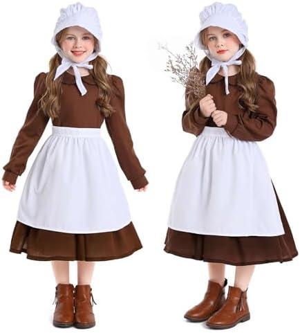 AVIFU Girls Colonial Dress Kids Pioneer Costume Prairie Bonnet Hat Pilgrim Apron Cosplay Accessories Full Set L