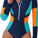 ABAFIP Women's Long Sleeve Rash Guard Bathing Suit Zip up One Piece Swimsuits Modest Surfing Swimwear (Large, Light Blue)
