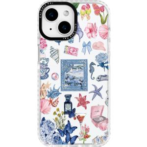 for iPhone 14 Plus Case, Vintage Coastal Collage Pattern with Shells & Teacups, Military-Grade Drop Protection, Glossy Elegant Soft Slim TPU Protective & Camera Protection for Girls (SunflowerCut)