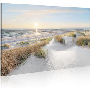 WALLSUP DECOR Coastal Beach Canvas Wall Art: Sunset Ocean Picture Seascape Painting Sea Artwork Sand Dunes Grass Prints for Bathroom Bedroom Home Office, 36"L x 24"W