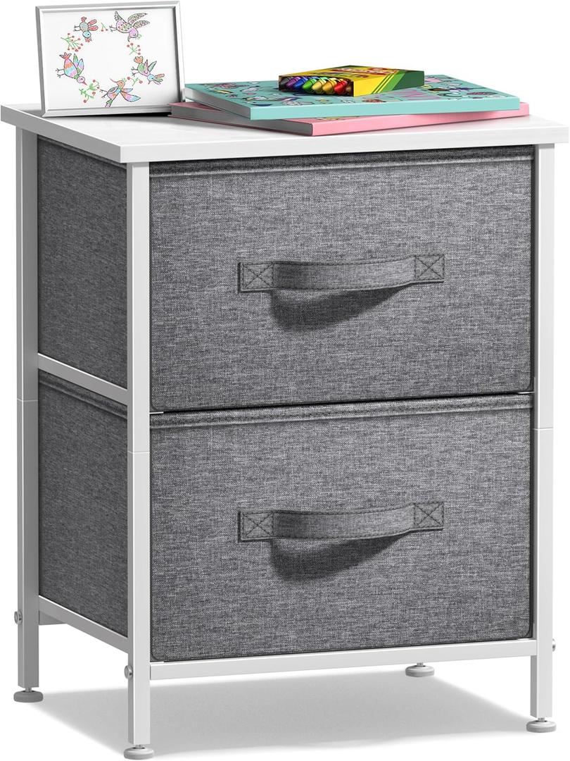 Sorbus Nightstand with 2 Drawers - Bedside Furniture End Table Night Stand with Steel Frame, Wood Top & Easy Pull Fabric Bins - Small Dresser & Chest for Home, Bedroom Accessories & Office, White  