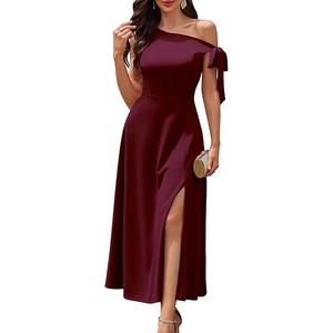 BeryLove Women's Formal Wedding Guest Dress One Shoulder Elegant A Line Cocktail Dresses with Tie Strap Maxi Burgundy XL