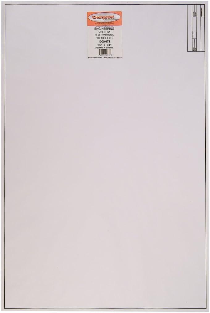 Clearprint 18" x 24" 1000H Design Vellum Sheets with Engineer Title Block, 16 lb., 100% Cotton, 10 Sheets Per Pack, 1 Each